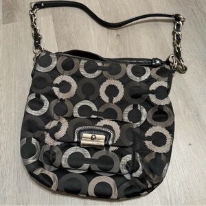 Coach Kristen Op Art Black Silver Metallic Shoulder Bag